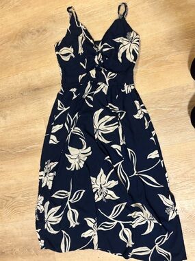 Navy Blue Floral Maxi Dress with White Tropical Print